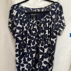 INC International Concepts Navy White Print Blouse XL Sheer Nylon Top